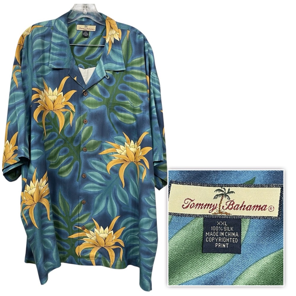 Tommy Bahama Men Blue Aloha Hawaiian Camp Shirt Silk Floral Monstera Leaves XXL